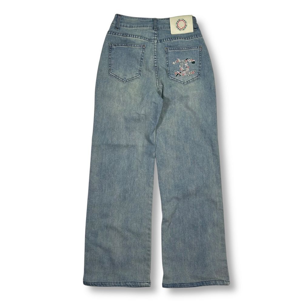 Wide Leg High Rise Light Wash Denim Jeans Floral Embroidered Detail Womens 26